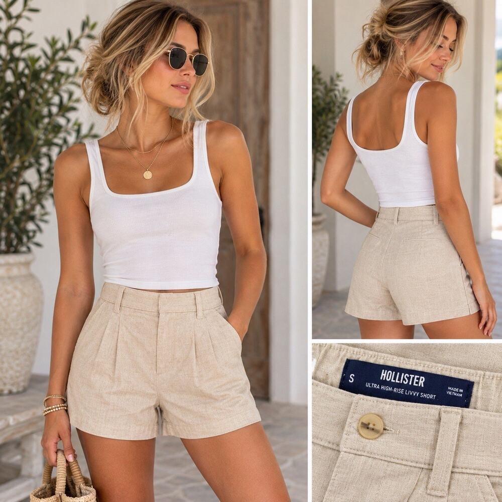 Hollister NWT Ultra High-Rise Livvy Linen Blend Shorts Size S Beige 3” Inseam
